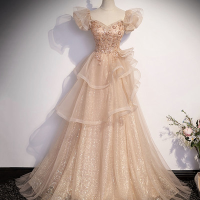 Cute tulle long a-line prom dress with beading - Thumbnail 1