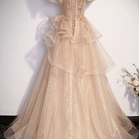 Cute Tulle Long A-Line Prom Dress with Beading - Thumbnail 2