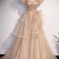 Cute Tulle Long A-Line Prom Dress with Beading - Thumbnail 3