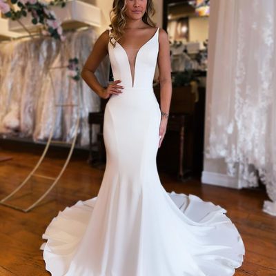 Elegant mermaid v neck satin long wedding dresses