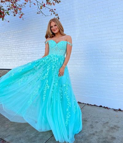 Cute A Line Sweetheart Teal Tulle Prom Dresses with Appliques