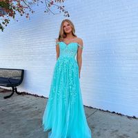 Cute A Line Sweetheart Teal Tulle Prom Dresses with Appliques - Thumbnail 1