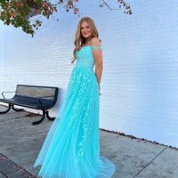 Cute A Line Sweetheart Teal Tulle Prom Dresses with Appliques - Thumbnail 2