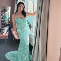 Sparkly Mermaid Scoop Neck Mint Long Prom Dresses with Lace-up - Thumbnail 1