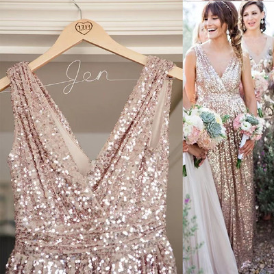V neck v back bridesmaid dresses sequins floor length - Thumbnail 2