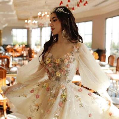 Beautiful tulle light champage prom dress with flowers pruffy sleeves  - Thumbnail 1