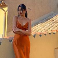 Spaghetti Straps Orange Tea Length Silk Prom Dress - Thumbnail 2