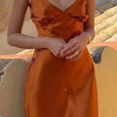 Spaghetti straps orange tea length silk prom dress - Thumbnail 2