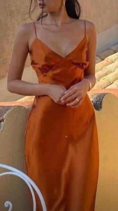 Spaghetti Straps Orange Tea Length Silk Prom Dress