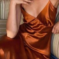 Spaghetti Straps Orange Tea Length Silk Prom Dress - Thumbnail 1