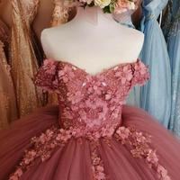 Ball Gown Dusty Pink Lace Prom Dresses Long Sweet 16 Dress - Thumbnail 1