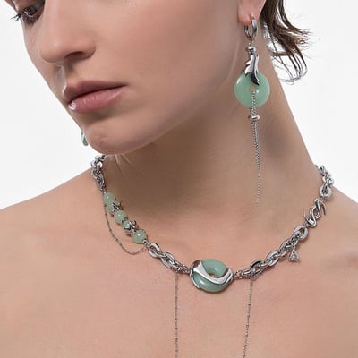 Chinese style asymmetric jade tassel necklace earrings set - Thumbnail 4