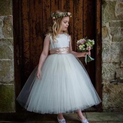 Ankle length flower girl dresses with coral sash - Thumbnail 3