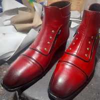 Men's Red Leather Cap Toe Fashion Zipper Fastening Handmade Boot  - Thumbnail 1