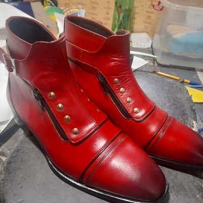 Men's red leather cap toe fashion zipper fastening handmade boot 