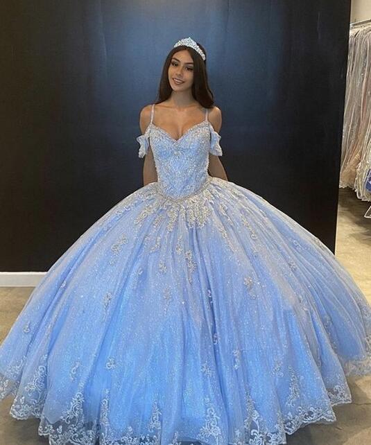 Elegant Sky Bule Lace Ball Gown Prom Dresses 