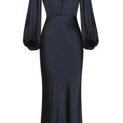 Simple a line v neck long sleeves prom dress - Thumbnail 3