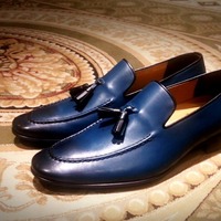 Best Wear Men's Hand Stitch Navy Blue Shoes, Genuine Leather Tassels Loafer Leather Formal Wear Shoes - Thumbnail 1