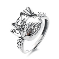 S925 Sterling Silver Retro Lucky Cat Open Ring - Thumbnail 4