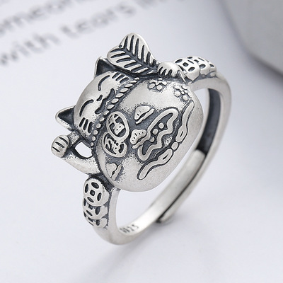 S925 sterling silver retro lucky cat open ring - Thumbnail 3