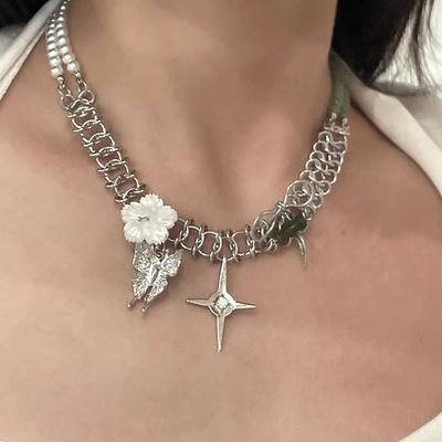 Star flower butterfly jade bead necklace - Thumbnail 4