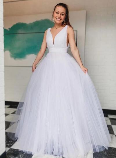 Floor Length V Neck White Tulle Prom Dress