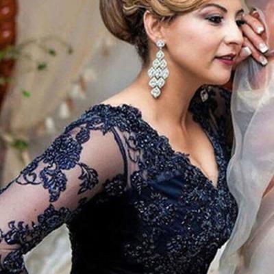 Vintage long sleeves sweep train navy blue lace mother of the bride dress with beading - Thumbnail 1