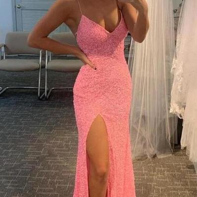 Sexy pink glitters long sequin prom dress with split - Thumbnail 1