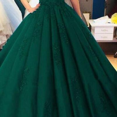 Elegant ball gown green tulle prom dress with lace - Thumbnail 2