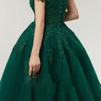 Elegant Ball Gown Green Tulle Prom Dress With Lace - Thumbnail 1