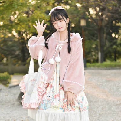 Cute lovely royal highness princess pink & cream thick warm winter rabbit fur coat jackets - Thumbnail 5