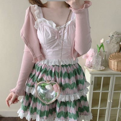 European french style bow lace girl cute pink purple camisole top - Thumbnail 5