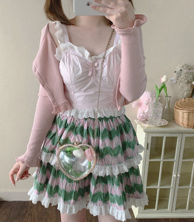 European French Style Bow Lace Girl Cute Pink Purple Camisole Top