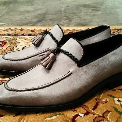 Graceful grey leather beautiful tassels loafer slips on moccasin dress formal handmade dress shoes