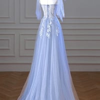 Blue Lace Long A Line Prom Dress - Thumbnail 1