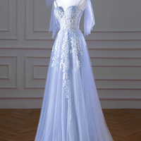 Blue Lace Long A Line Prom Dress - Thumbnail 2