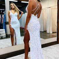 Sparkly Mermaid V Neck White Sequins Long Prom Dresses with Slit - Thumbnail 1
