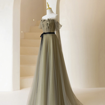 A line tulle long prom dress - Thumbnail 1