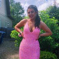 Cute Mermaid V Neck Pink Sequins Long Prom Dresses with Slit - Thumbnail 1