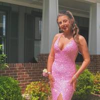 Cute Mermaid V Neck Pink Sequins Long Prom Dresses with Slit - Thumbnail 2