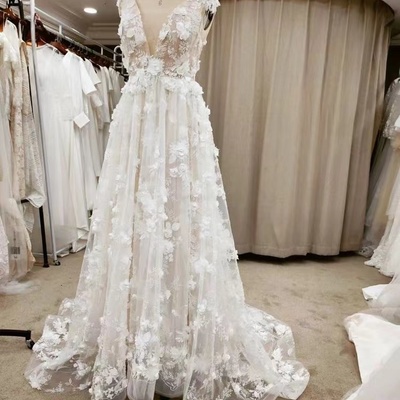 Wedding dresses bridal gown with 3d flowers wd6 - Thumbnail 2