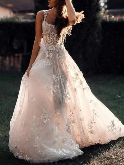 Straps Wedding Dresses Bridal Gown with Flowers Appliques