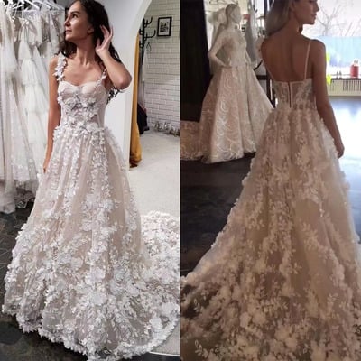 Straps wedding dresses bridal gown with 3d flowers wd67 - Thumbnail 1
