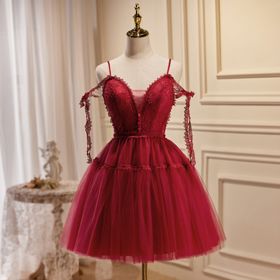Burgundy lace short prom dress - Thumbnail 3