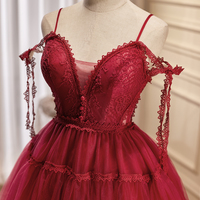 Burgundy Lace Short Prom Dress - Thumbnail 1