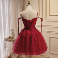 Burgundy Lace Short Prom Dress - Thumbnail 3