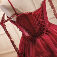 Burgundy Lace Short Prom Dress - Thumbnail 5