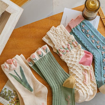 Autumn winter pretty beautiful colorful tulips flower nature sweet white pink green socks 4 patterns pairs sets