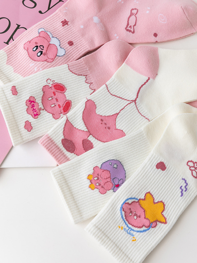 Japanese Anime Cute Kids Pink White Kirby Star Colorful Socks 5 Patterns Pairs Sets