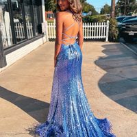 Cute Mermaid Scoop Neck Dusty Blue Sequins Long Prom Dresses - Thumbnail 1